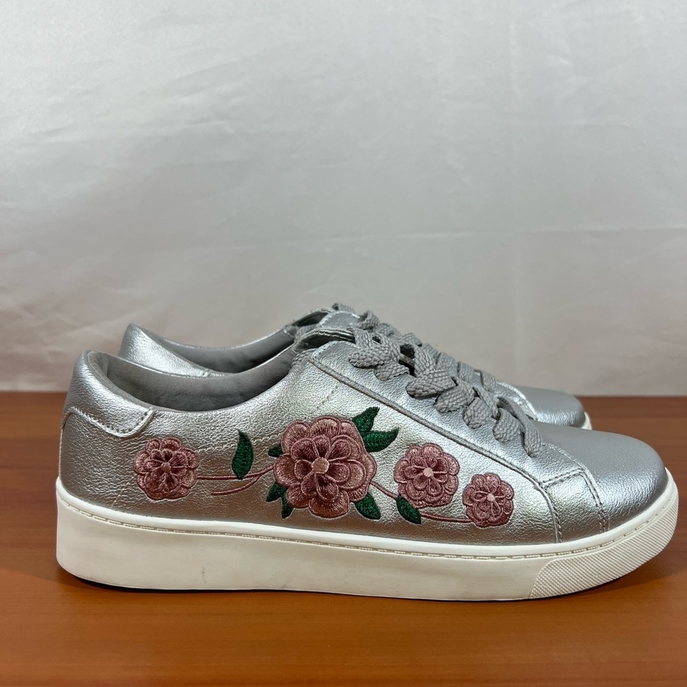 comfortview Silver Sneakers with Pink Floral Embroidery